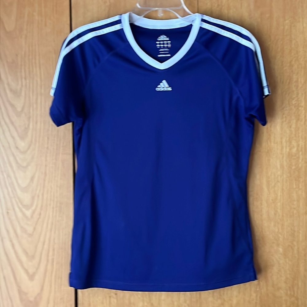Adidas marine blue white shoulder stripes Active 360 Medium SS v neck tee EUC